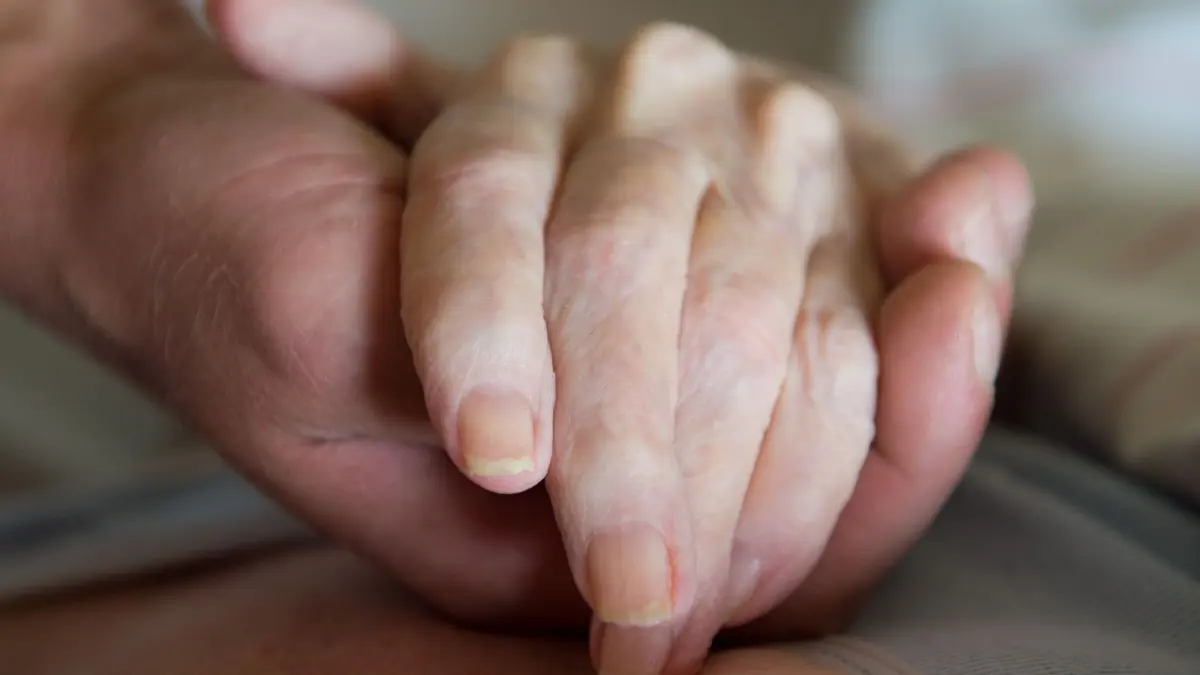Illustration Sterbehilfe: ARCHIV - 27.07.2015, NA, --: Ein Altenpfleger hält in einem Pflegeheim die Hand einer Frau. (zu dpa: «Gesetz zur Sterbehilfe kommt ins britische Parlament») Foto: Sebastian Kahnert/dpa-Zentralbild/dpa +++ dpa-Bildfunk +++