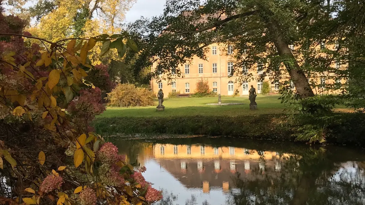 Ein Markenzeichen des Uhyster Schlossparks ist der Spiegelblick des Schlosses im Graben direkt neben den beiden uralten Rispen-Hortensien.