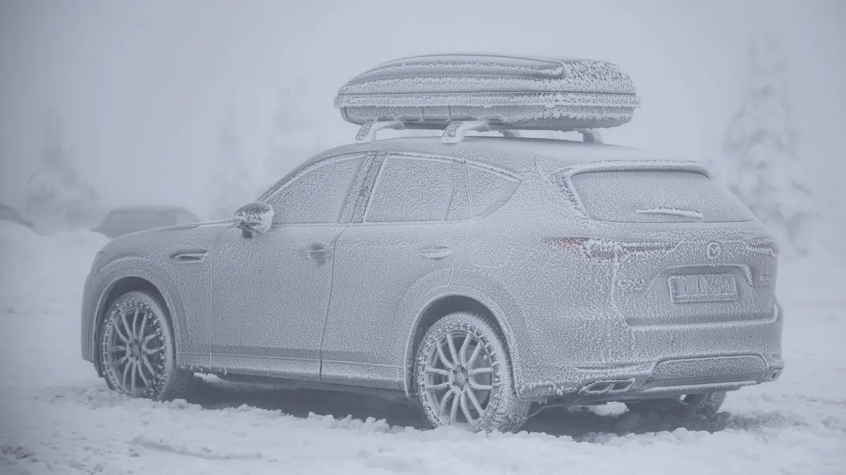 Winter im Erzgebirge: 09.12.2024, Sachsen, Oberwiesenthal: Ein vereistes Auto parkt auf dem Gipfel des Fichtelbergs. Dauerfrost und leichter Schneefall macht den Wintersportorten in Sachsen Hoffnung. Foto: Jan Woitas/dpa +++ dpa-Bildfunk +++