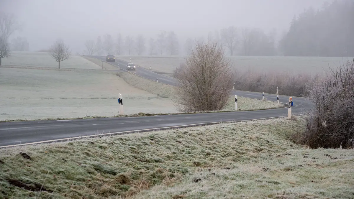 Die Meteorologen erwarten örtlich Glätte durch Reif.: ARCHIV - 29.12.2024, Rheinland-Pfalz, Spangdahlem: Autos fahren auf der Landesstraße L46 durch die neblige und frostige Landschaft. (Symbolbild) (zu dpa: «Hochdruckwetter mit wenig Sonne und etwas Nebel») Foto: Harald Tittel/dpa +++ dpa-Bildfunk +++