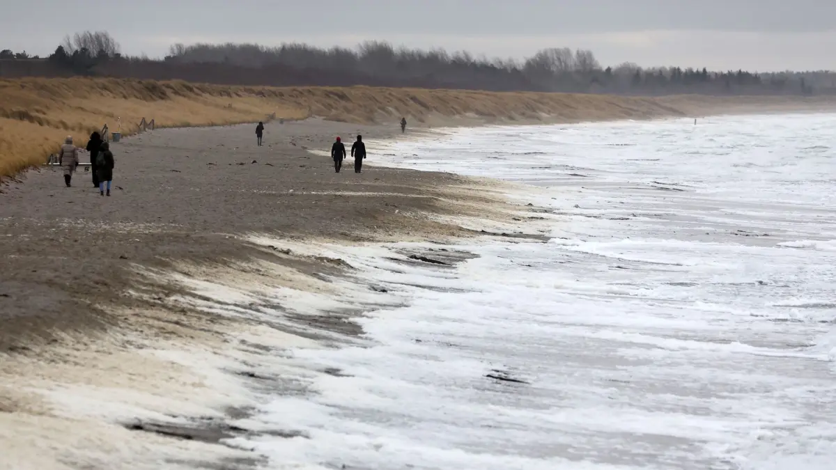 PFAS-Belastung in Meeresschaum: ARCHIV - 05.01.2023, Mecklenburg-Vorpommern, Wustrow: Spaziergänger sind am Ostseestrand unterwegs, während der stürmische Wind weißen Schaum an das Ufer treibt. Schädliche PFAS-Chemikalien, auch Ewigkeitschemikalien genannt, finden sich einer Greenpeace-Studie zufolge in angespültem Meeresschaum an Stränden an der deutschen Nord- und Ostseeküste. (zu dpa: «Meeresschaum laut Studie mit PFAS-Chemikalien belastet») Foto: Bernd Wüstneck/dpa +++ dpa-Bildfunk +++