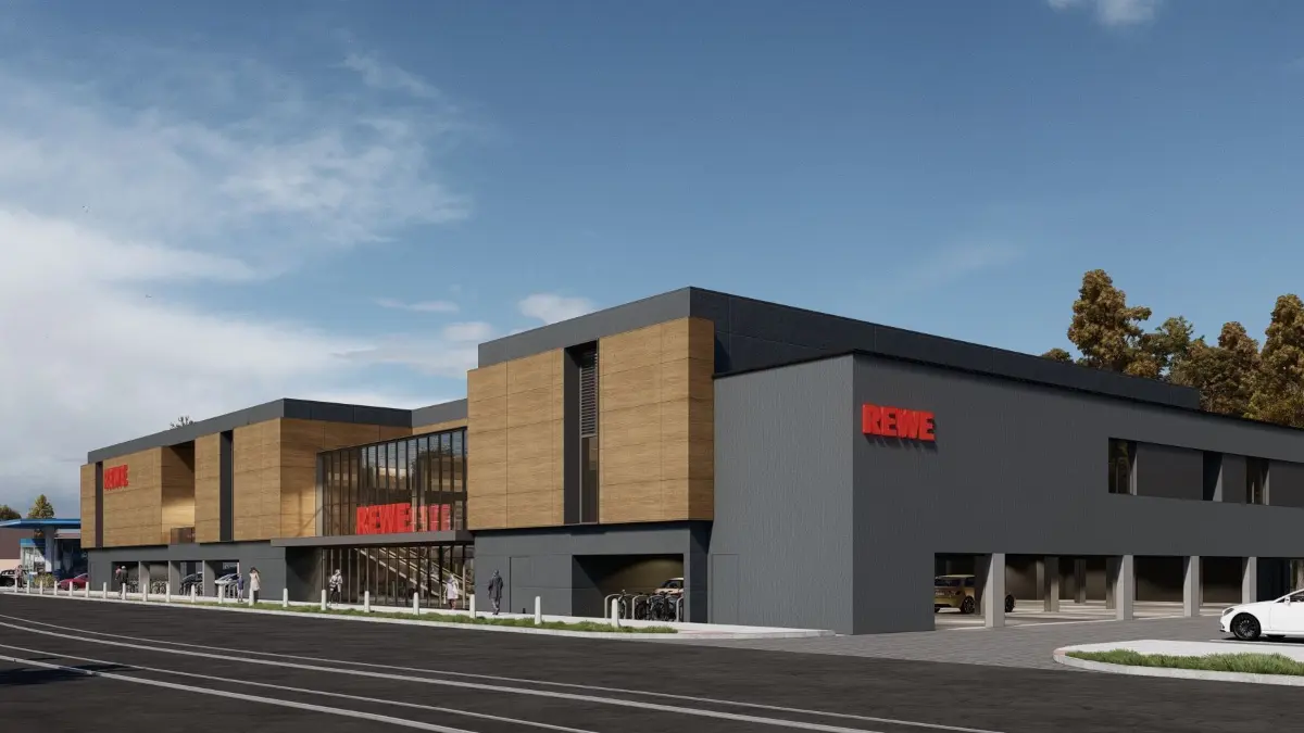 So soll der neue Rewe Markt am Adlergestell in Schmöckwitz aussehen – futuristisch und modern.
