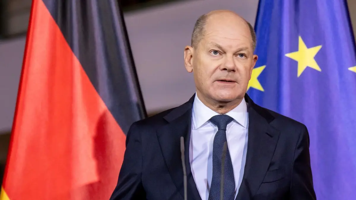 Statement Kanzler Scholz: 13.02.2025, Ukraine, Kiew: Bundeskanzler Olaf Scholz (SPD) nimmt an einem Pressestatement im Kanzleramt teil. Scholz spricht nach den Telefonaten des US-Präsidenten Trump mit Putin und Selenskyj zur Lage in der Ukraine vor der Münchner Sicherheitskonferenz. Foto: Michael Kappeler/dpa +++ dpa-Bildfunk +++