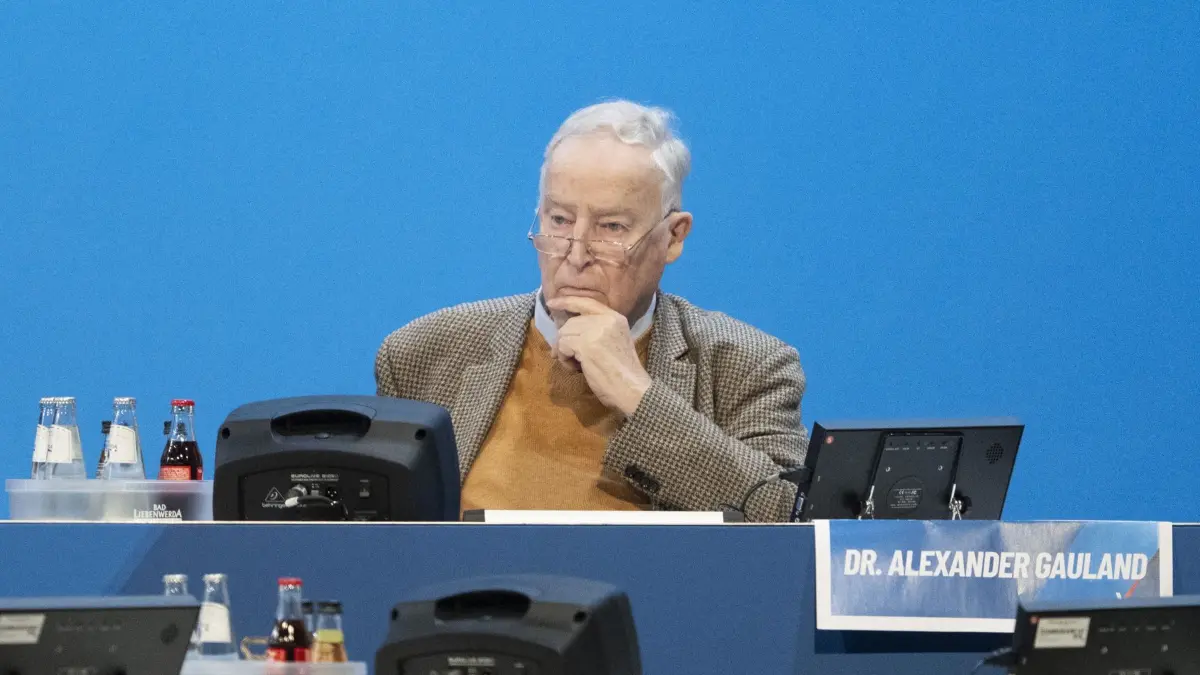 ARCHIV - 11.01.2025, Sachsen, Riesa: Der frühere Parteichef Alexander Gauland (AfD) nimmt am Bundesparteitag seiner Partei teil. (zu dpa: «Hitler ein Kommunist? Gauland widerspricht Weidel») Foto: Sebastian Kahnert/dpa +++ dpa-Bildfunk +++