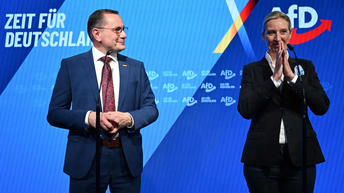 Electoral evening of AfD - Germany's far-right Alternative for Germany (AfD) party: Co-leader of Germany's far-right Alternative for Germany (AfD) party and her party's top candidate for Chancellor Alice Weidel and co-leader of the far-right Alternative for Germany (AfD) party Tino Chrupalla speak on stage during the electoral evening in Berlin on February 23, 2025, after the first exit polls in the German general elections. (Photo by Soeren STACHE / POOL / AFP)