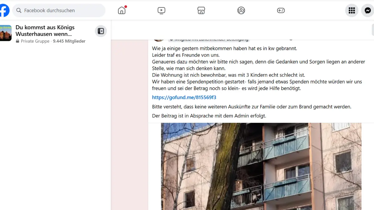 In der Facebook-Gruppe Du kommst aus Königs Wusterhausen, wenn... wird seit Sonntag um Spenden für die Familie mit Wohnungsbrand gebeten. Unter dem Beitrag findet auf mehr als 130 Kommentaren eine Diskussion statt.