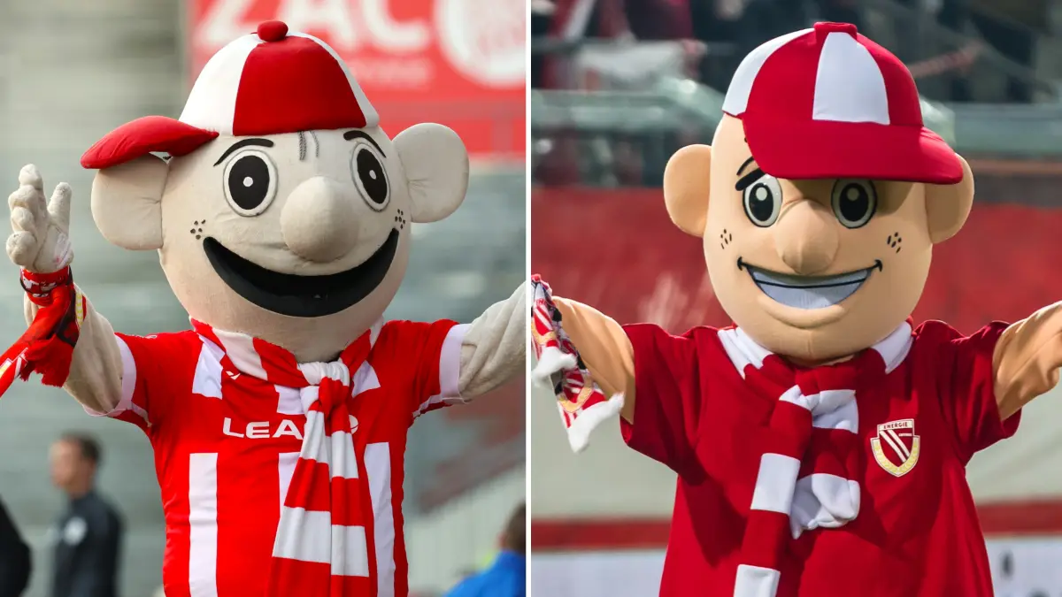 Der alte Lauzi (links) und der neue Lauzi: Bei Energie Cottbus gibt es große Diskussion um das neue Aussehen des Maskottchens.