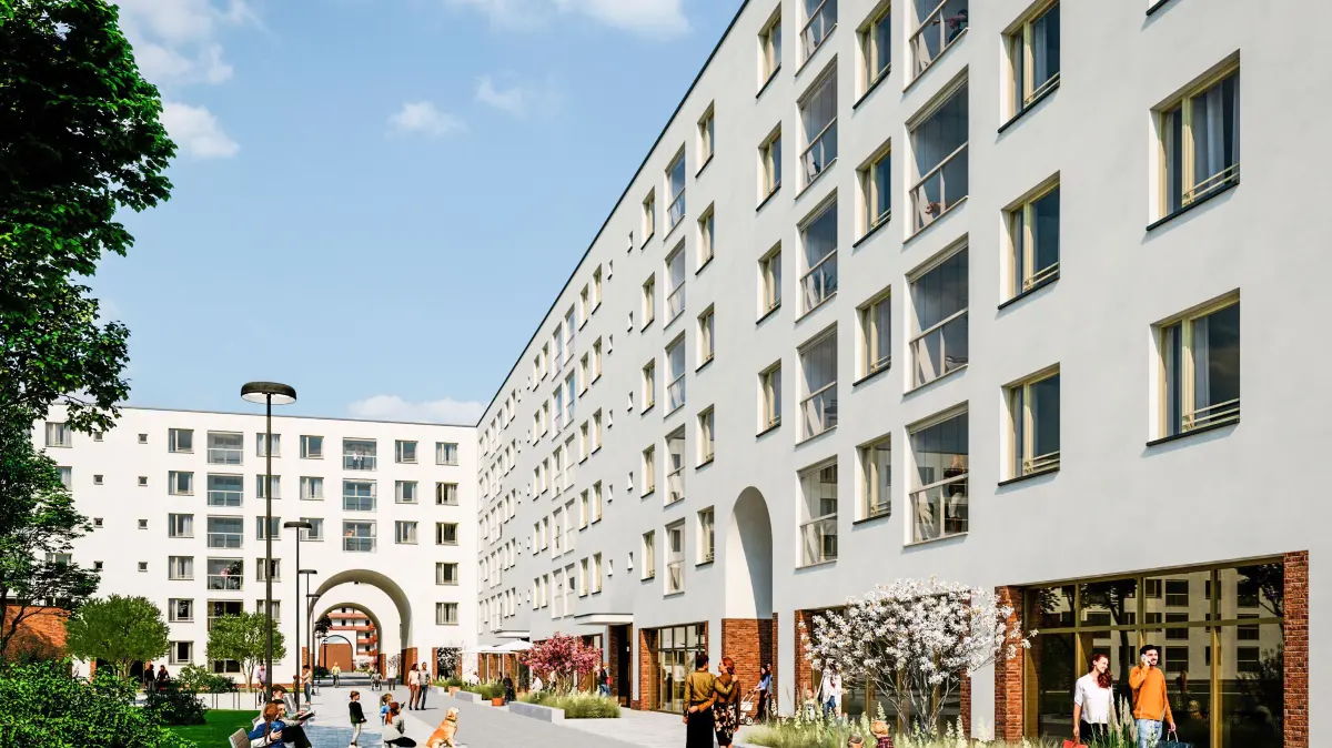 Durch große Tordurchgänge können Anwohner und Spaziergänger künftig durch quer durch mehrere begrünte Nachbarhöfe des neuen Wohnviertel schauen.