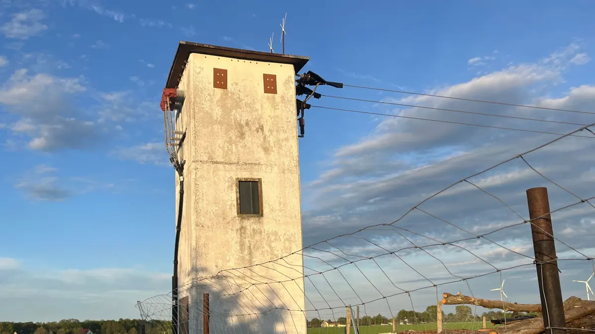 Auf den Leiterseilen dieses Trafohäuschen hat ein Storch versucht, ein neues Nest zu bauen: Fatal: ohne Baugenehmigung und Einhaltung der Brandschutzbestimmungen.