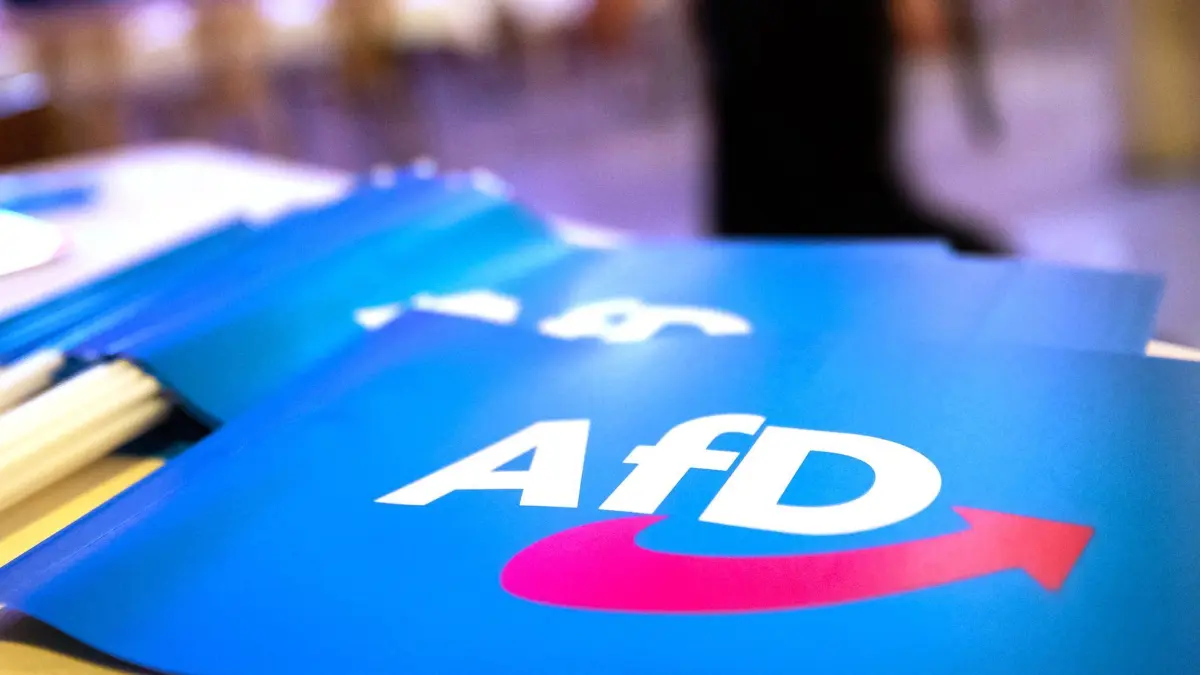 Fahne mit AfD-Logo: ARCHIV - 24.11.2018, Bayern, Greding: Fähnchen mit dem Logo der AfD liegen auf einem Tisch. (zu dpa: «Verfassungsschutz: AfD ist gesichert rechtsextremistisch») Foto: Daniel Karmann/dpa +++ dpa-Bildfunk +++
