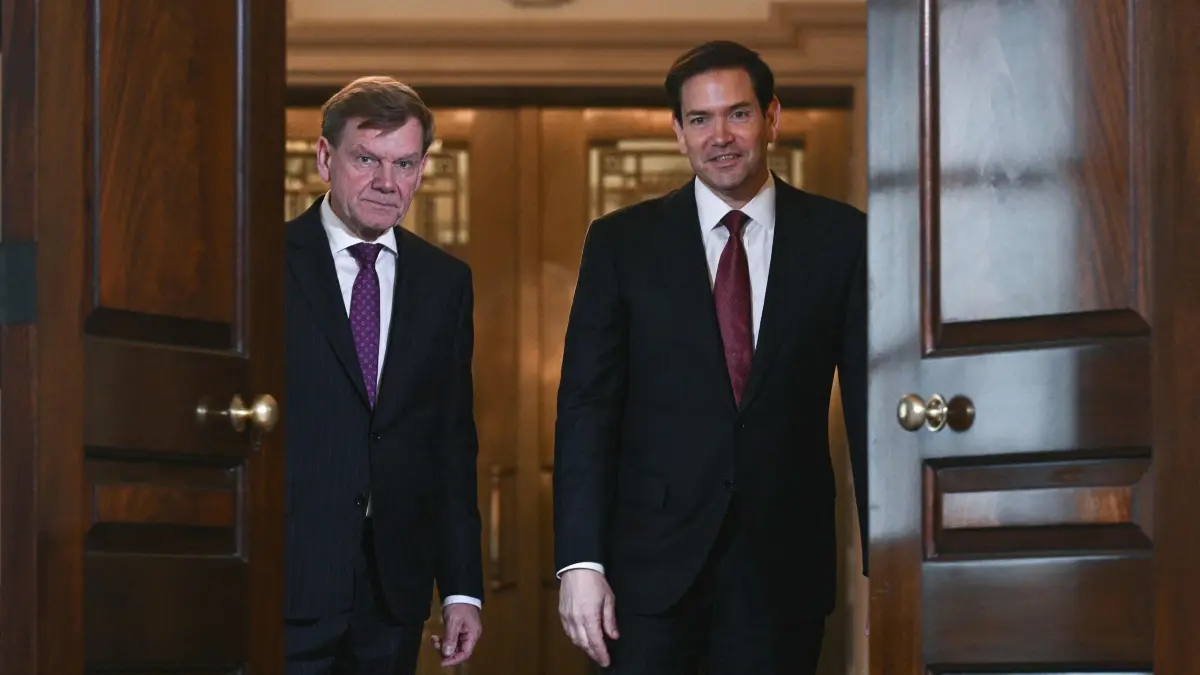 US Secretary of State Marco Rubio (R) walks with German Foreign Minister Johann Wadephul as they meet at the State Department in Washington, DC, May 28, 2025. (Photo by Brendan SMIALOWSKI / AFP)