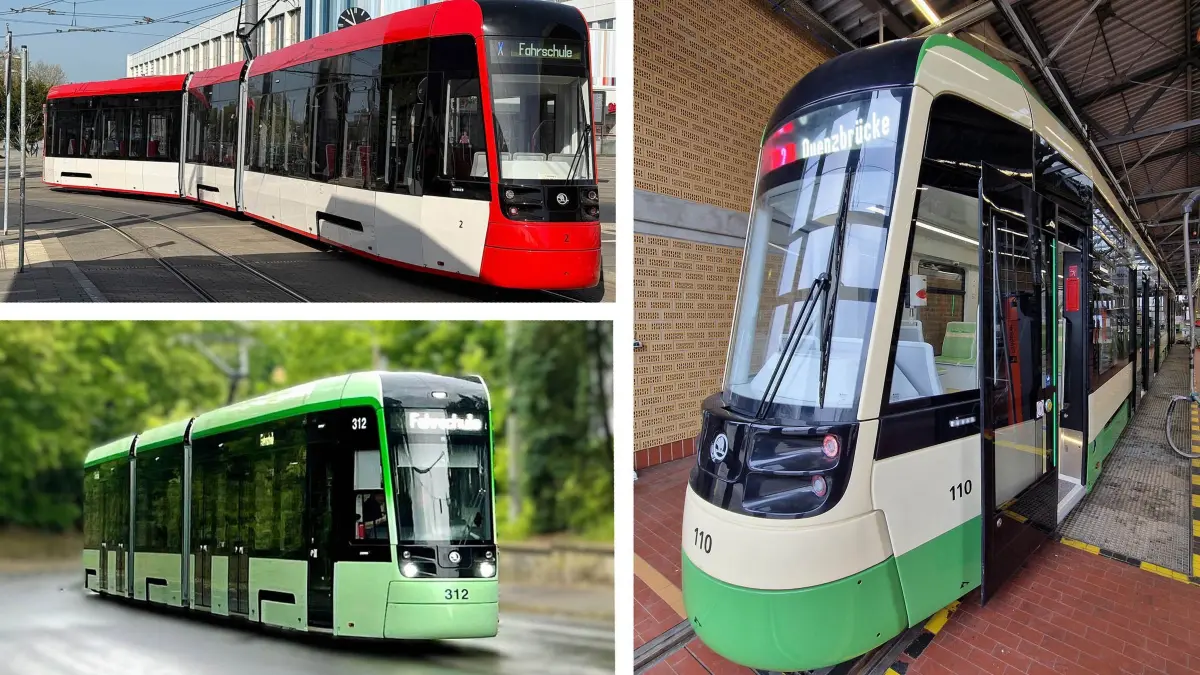 So sehen die neuen Trams für Cottbus (oben), Frankfurt (unten) und Brandenburg (Havel) aus. Gefertigt wurden sie alle bei Skoda in Tschechien.