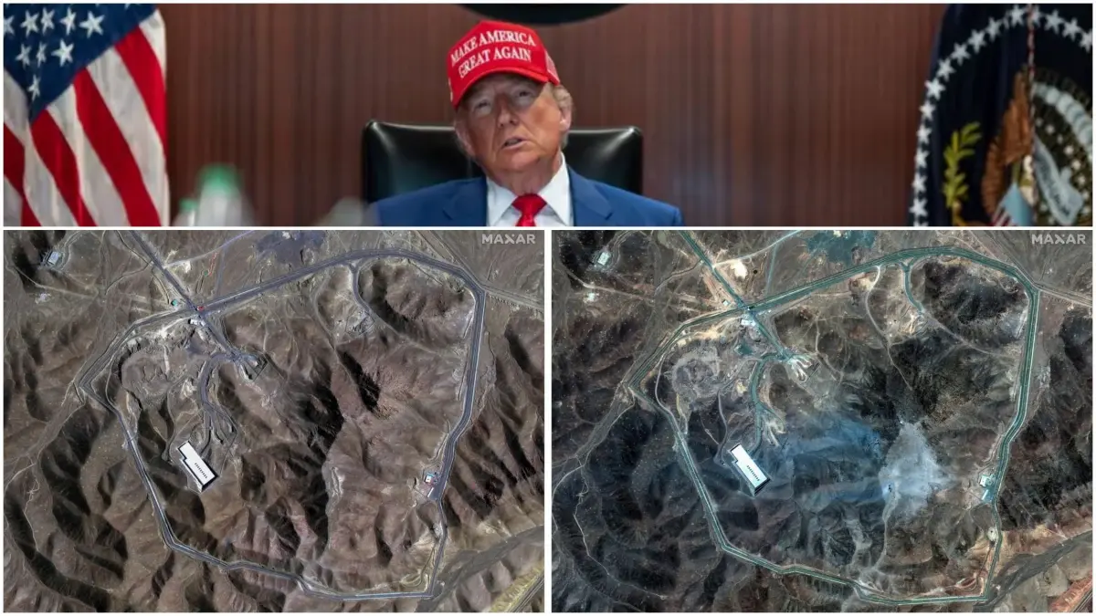 Die Kombo der von Maxar Technologies zur Verfügung gestellten Satellitenbilder zeigt die Anreicherungsanlage Fordo im Iran vor den US-Angriffen am 20. Juni 2025 (links) und nach den Angriffen am 22. Juni 2025 (rechts).
