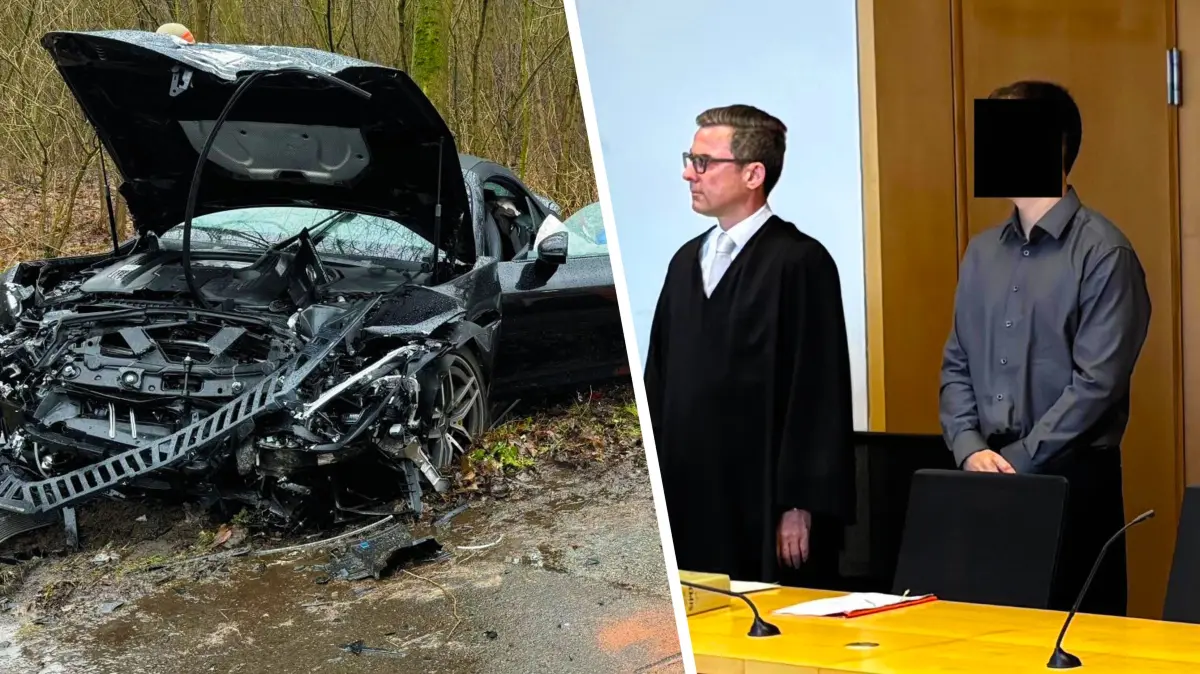 Der Unfallwagen und der Angeklagte mit seinem Anwalt Nikolai Venn