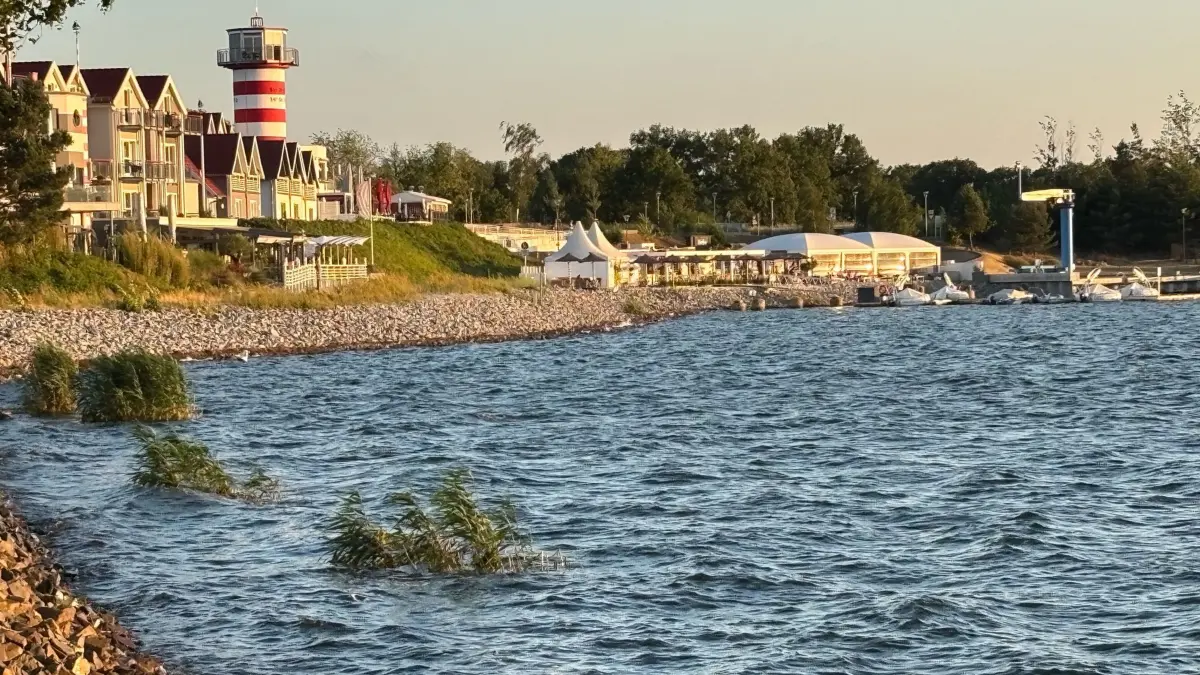 Unter dem Leuchtturm auf dem Geierswalder See soll die geplante Schwimmsteganlage mit ihren Bootshäusern aufgebaut werden.
