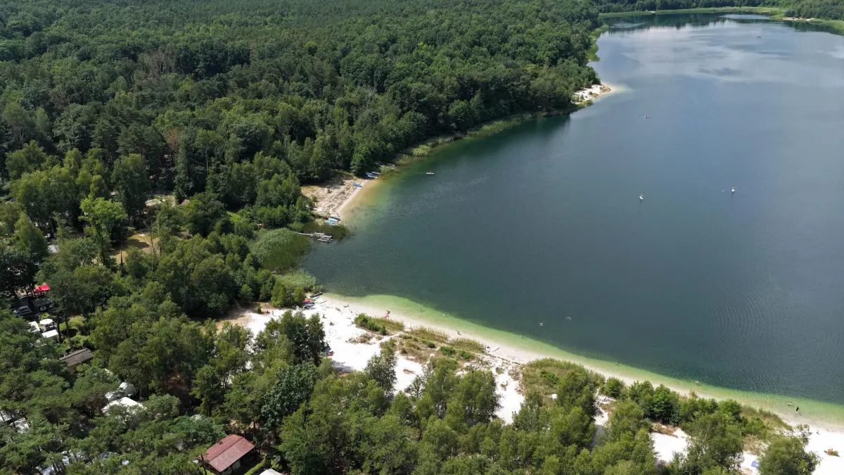 Luft Grossee Camping Juli 2025: Luftaufnahme vom 19. Juli 2025
Blick auf den Großsee bei Tauer,
Waldcamping Am Großsee, Badestrand