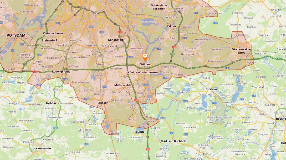 Screenshot des Liefergebiets von Knuspr.de. Das Angebot endet nicht an der Stadtgrenze von Berlin.
