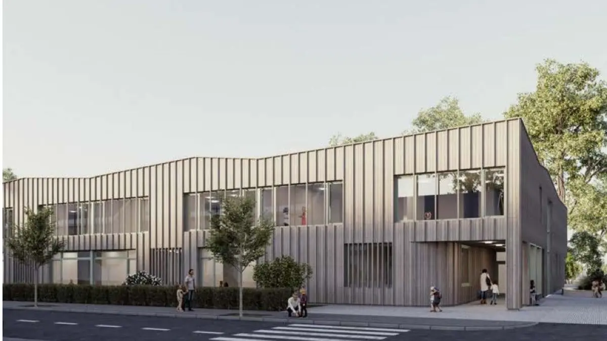 Visualisierung des Kita-Neubaus in Herzberg: Der zweigeschossige Holzbau mit Spielhof und Dachterrasse soll bis 2028 entstehen und Platz für bis zu 120 Kinder bieten.