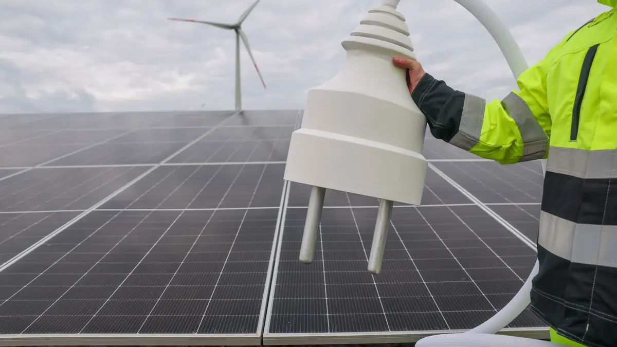 Neues Solar-Batteriespeicher-Hybridkraftwerk in Sachsen-Anhalt: 12.11.2025, Sachsen-Anhalt, Zerbst: Ein Mitarbeiter von Statkraft wartet mit einem überdimensionalen Stecker auf die symbolische Inbetriebnahme des neuen PV-Batteriespeicher-Hybridkraftwerks. Der norwegische Energiekonzern Statkraft errichtete mit einem 46,4-MW-Solarpark und 16-MW-Batteriespeicher hier die erste eigenentwickelte Erneuerbare-Energien-Anlage und gleichzeitig bundesweit das größte Kraftwerk. Der Solarpark versorgt ca. 14.000 Haushalte mit grüner Energie, während der Batteriespeicher den lokal erzeugten Solarstrom bedarfsgerecht ins Stromnetz einspeist. Foto: Jan Woitas/dpa +++ dpa-Bildfunk +++