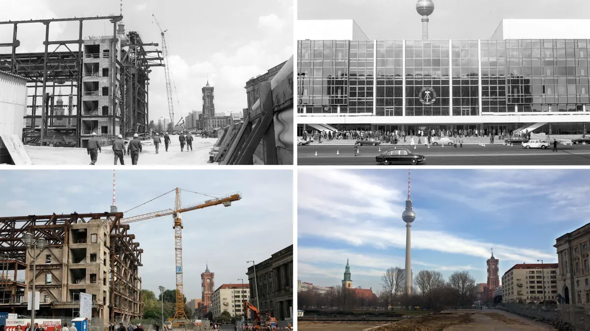 Die vierteilige Bildkombo zeigt den ehemaligen Palast der Republik in Berlin während des Aufbaus etwa im Jahre 1974 (Archivfoto, l.o.), zur Eröffnung des Hauses im Jahr 1976 (r.o.), während der Abrissarbeiten im Jahr 2007 (l.u.) und nach den Abrissarbeiten am 05.02.2009.