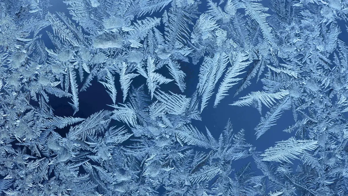 Eisblumen sind nach einer eisig kalten Nacht an einem Fenster zu sehen.