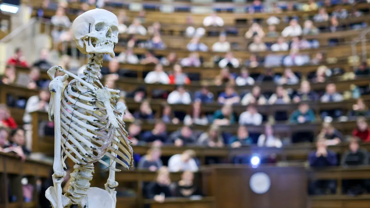 Medizinstudenten im Hörsaal: 21.11.2025, Sachsen, Leipzig: Medizinstudenten sitzen im Hörsaal Anatomie in einer Vorlesung. Im Wintersemester 2025/2026 haben 506 Studierende ihr Studium an der Medizinischen Fakultät begonnen. Damit sind 3723 Personen in den Studiengängen Human- und Zahnmedizin, Pharmazie, Hebammenkunde sowie weiterbildenden Studiengängen eingeschrieben. (zu dpa: «Leipzigs Medizin-Studium: 58 Abiturienten pro Platz») Foto: Jan Woitas/dpa +++ dpa-Bildfunk +++