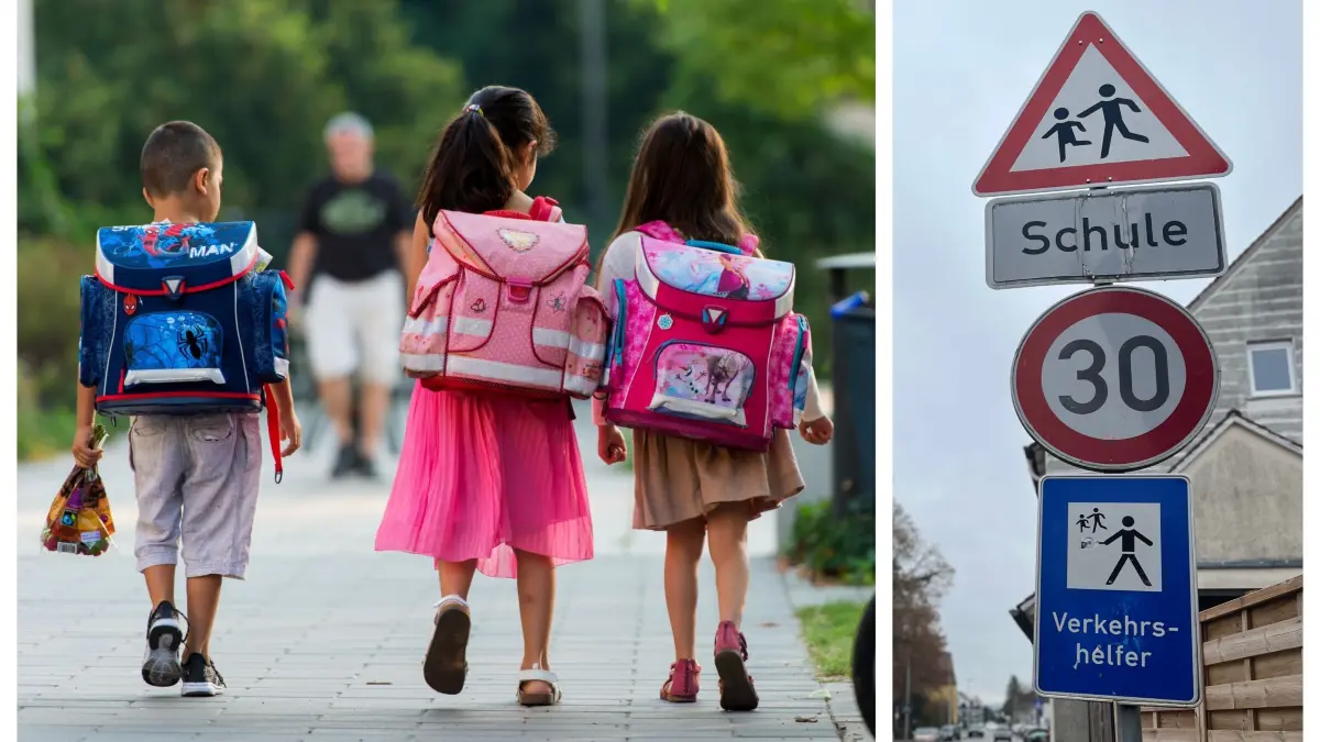 Collage Schulkinder, Schulweg, Schilder, Tempo 30 Verkehrshelfer, Achtung