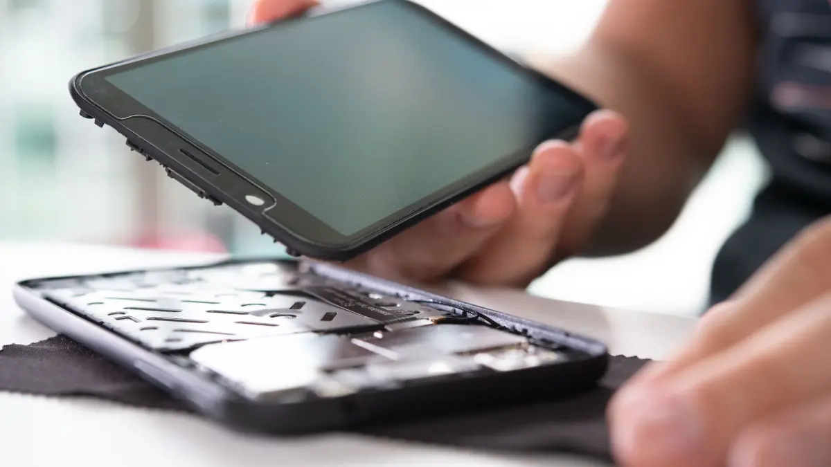 Mann baut ein Smartphone auseinander: ILLUSTRATION - Sie wollen im Zweifel das Smartphone-Display selbst austauschen können? Dann sollten Sie auf die Zerlegungstiefe achten. Foto: Franziska Gabbert/dpa-mag - Honorarfrei nur für Bezieher des Dienstes dpa-Magazin +++ dpa-Magazin +++