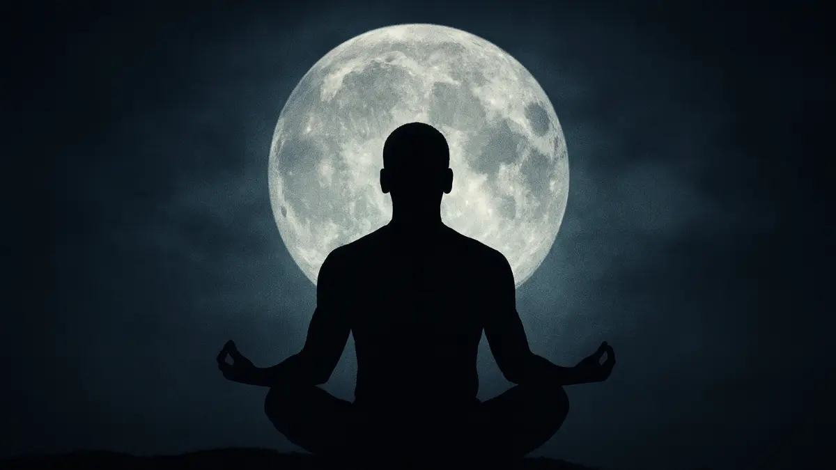 Supermond im Dezember: eine meditierende Person sitzt vor dem Vollmond