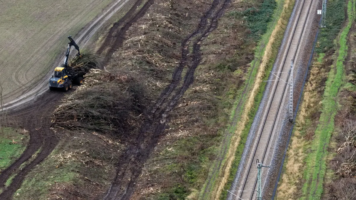 Kolkwitz Bahn Ausbau zweites Gleis: Luftaufnahme vom 10. Dezember 2025
Kurz hinter dem Bahnübergang Kolkwitz Berliner Strasse haben die Abholzarbeiten für den zweigleisigen Ausbau der Bahnstrecke Cottbus-Lübbenau begonnen.