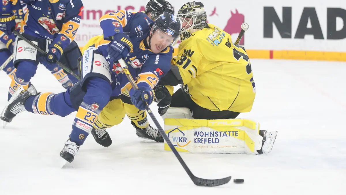 Lausitzer Fuechse vs. Krefeld Pinguine: 12.12.2025, Weisswasser, Lausitzer Fuechse vs. Krefeld Pinguine
Lane Scheidl (23, Lausitzer Fuechse), Mick Koehler (77, Krefeld Pinguine), Felix Bick (31, Krefeld Pinguine) , John Broda (24, Lausitzer Fuechse)