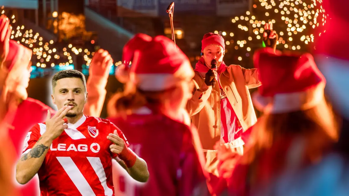 Weihnachtssingen beim FC Energie Cottbus: Alexander Knappe singt im Leag Energie Stadion mit dem Pfiffikus-Kinderchor.