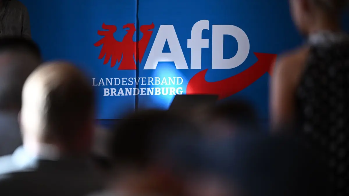 AfD -Landesverband Brandenburg: ARCHIV - 19.07.2024, Brandenburg, Werder (Havel): Teilnehmer sitzen in der Auftaktveranstaltung der AfD in Brandenburg zur Landtagswahl vor dem Parteilogo. (zu dpa: «AfD Brandenburg nimmt Klage gegen Verfassungsschutz zurück») Foto: Britta Pedersen/dpa +++ dpa-Bildfunk +++