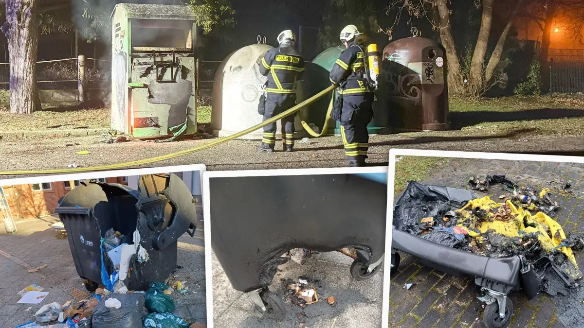 Fotomontage Brand von Mülltonnen in Forst