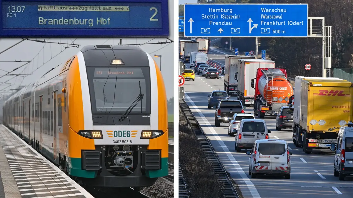 Fotomontage Zugausfall Odeg RE 1 und Stau auf der A10