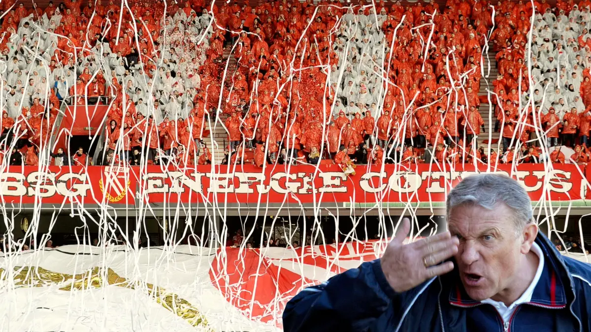 Energie Cottbus feierte mit einer großen Choreografie am 31. Januar 2016 den 50. Vereinsgeburtstag. Spotlich lief das Spiel nicht wie gewünscht - fand auch Trainerlegende Eduard Geyer (kleines Bild).