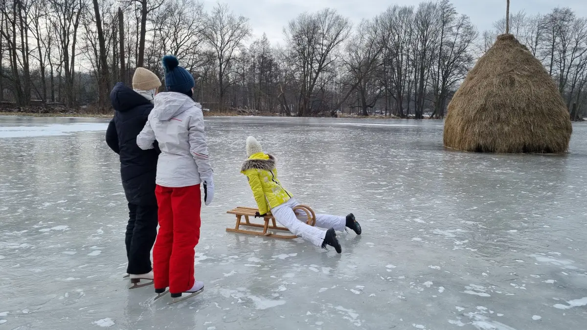 Am Ortseingang von Lehde sind Wasserschlagwiesen großflächig vereist und laden zum Eislaufvergnügen ein.