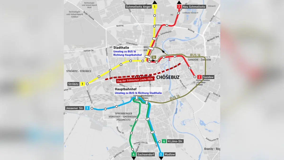 Zug der fröhlichen Leute in Cottbus 2026: So werden die Straßenbahnlinien von 13.15 Uhr bis 16.45 Uhr während des Karnevalsumzugs umgeleitet.