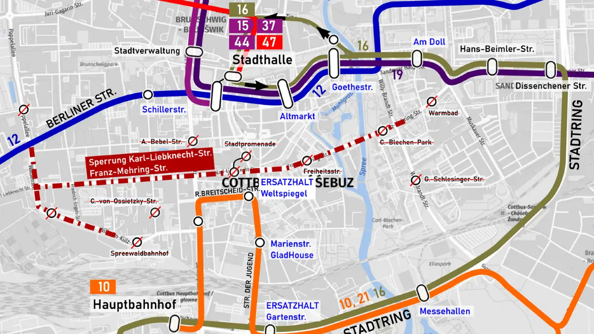 Zug der fröhlichen Leute in Cottbus 2026: So werden die Buslinien während des Karnevalsumzugs in der Zeit von 9 Uhr bis 12 Uhr umgeleitet.