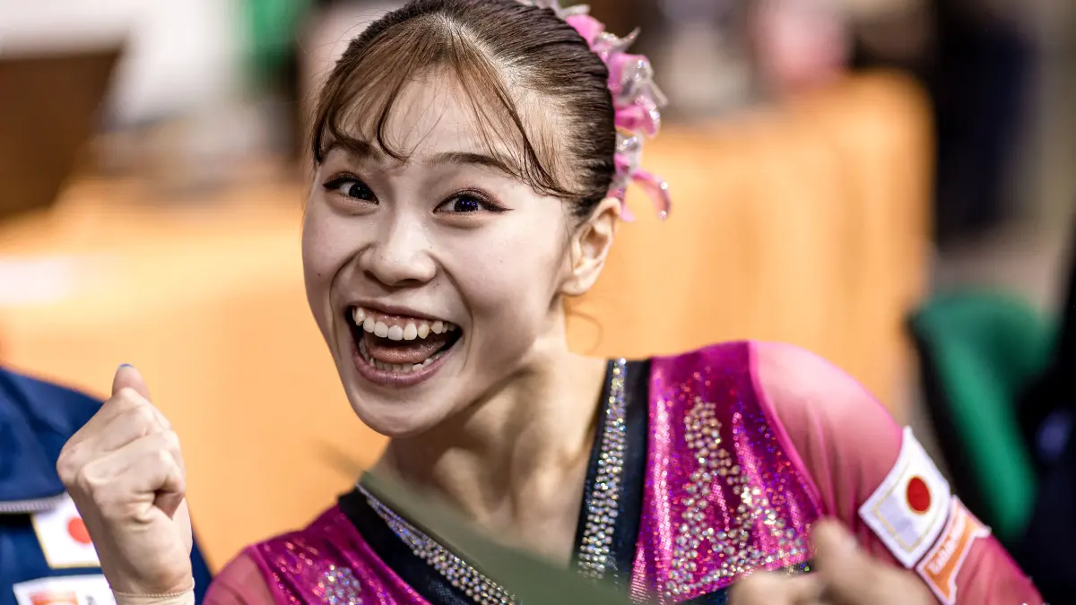 49. Turnier der Meister Cottbus 2026: Turnen, Weltcup, Lausitz-Arena, Qualifikation: Aiko Sugihara, Weltmeisterin aus Japan, reagiert nach ihrer Qualifikationsübung am Balken.
