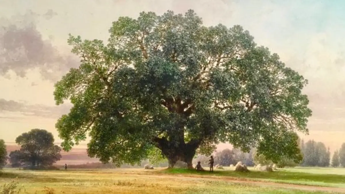 Das Aquarell von Carl Graeb zeigt die stattliche Hermannseiche. Im Stubben des Baumes, der 1987 vermutlich durch Brandstiftung ausgebrannt ist, wächst eine neue Eiche nach.