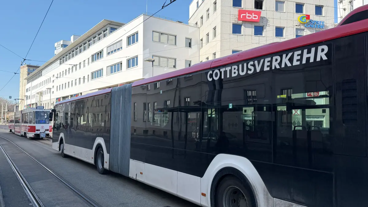 Bus Linie 47 Stadthalle: Ein Bus der Linie 47 nach Burg von Cottbusverkehr hält an der Haltestelle Stadthalle am Berliner Platz.