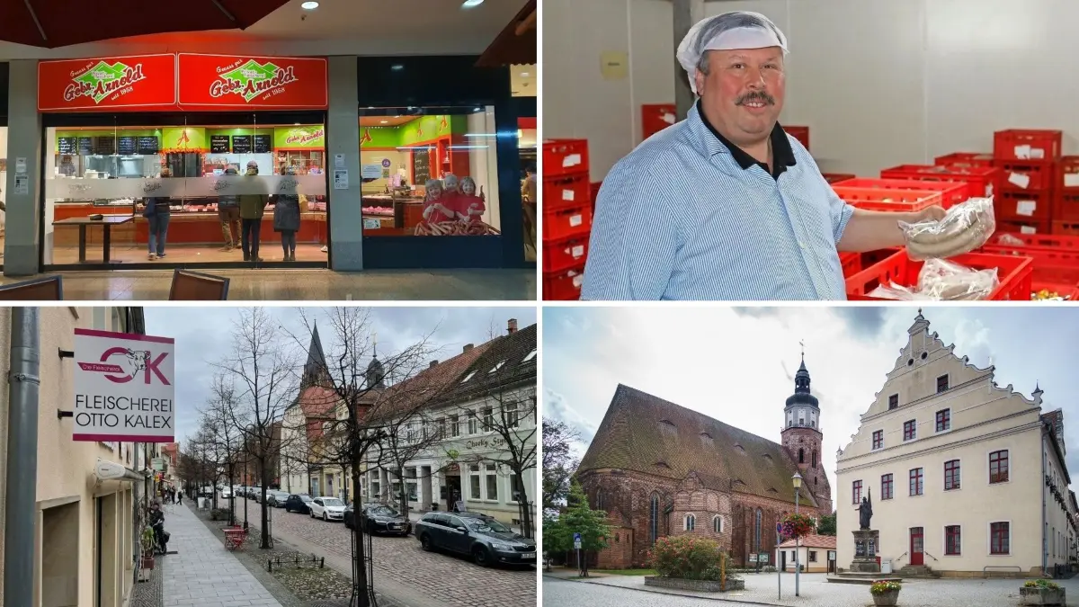 Collage mit Motiven und Portrait der regionalen Fleischereien Kalex, Arnold, Baehr und dem Herzberger Rathaus – ein Blick auf das Handwerk in Zeiten wachsender Supermarktkonkurrenz.