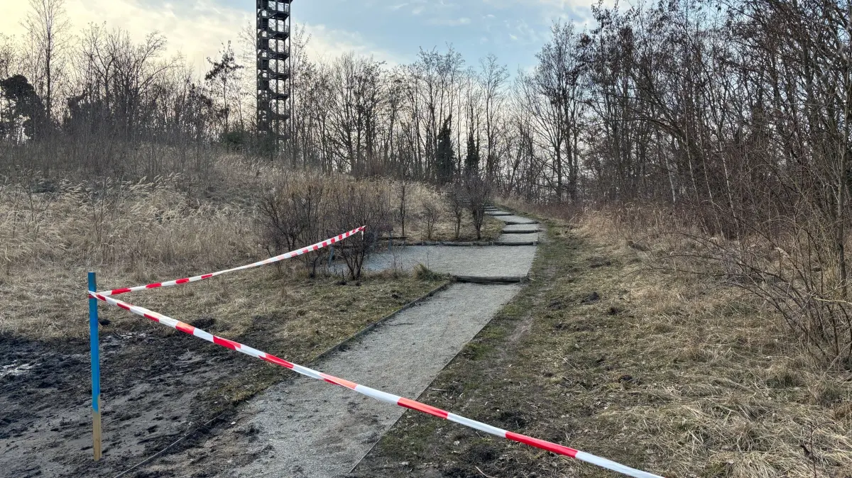 Der direkte Zugang zum Hörlitzer Aussichtsturm ist derzeit abgesperrt. Der Grund dafür liegt in der bergbaulichen Vergangenheit des Gebietes begründet.