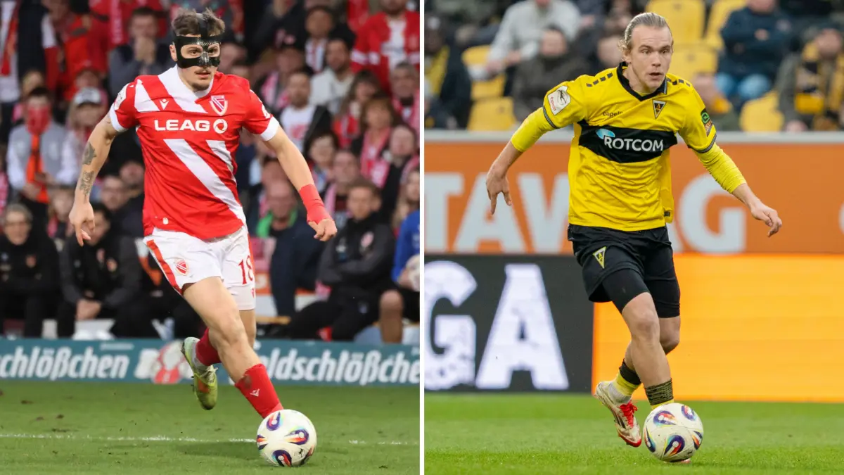 Duell der Torjäger: Erik Engelhardt (links) von Energie Cottbus und Aachens Lars Gindorf führen die Torschützenliste der 3. Liga an.