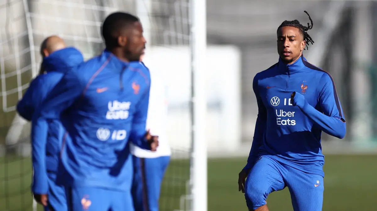 France Team: press conference and training session: (L/R) France forward Ousmane Dembele, midfielder Michael Olise and midfielder Warren Zaire-Emery take part in a training session at the New England Revolution training center in Foxborough, Massachusetts on March 25, 2026, on the eve of a friendly match against Brazil. (Photo by FRANCK FIFE / AFP)