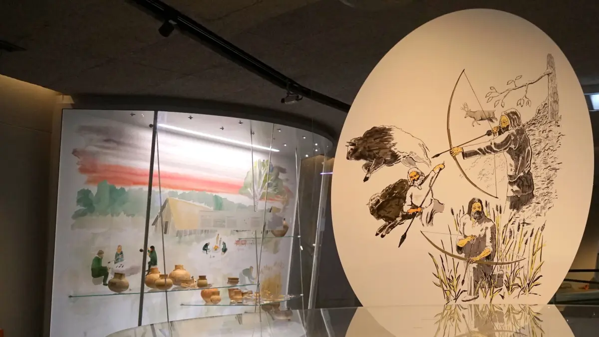 Blick in das Museum in der Slawenburg in Raddusch. Hier zu sehen sind neolithische Steinwerkzeuge und im Hintergrund Gefäße von verschiedenen Fundplätzen im Tagebaugebiet.