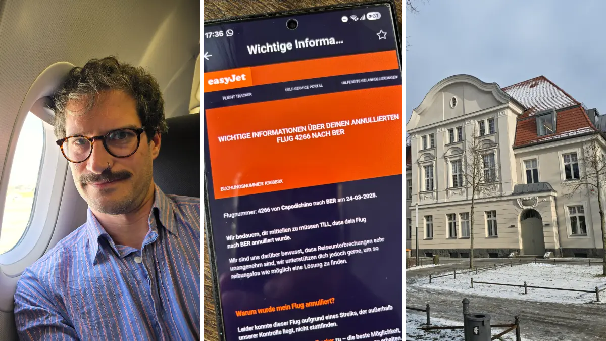Wenn der Urlaub vor dem Richter landet: Der Autor im Flugzeug, eine Mail von Easyjet und das Amtsgericht in Königs Wusterhausen.
