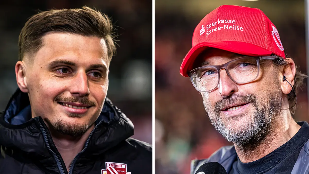 Erik Engelhardt (links) glänzte mit drei Toren für Energie Cottbus im Spiel gegen 1860 München. Zudem attestierte Trainer Claus-Dieter Wollitz dem Mittelstürmer eine gute Ansprache in der Kabine.