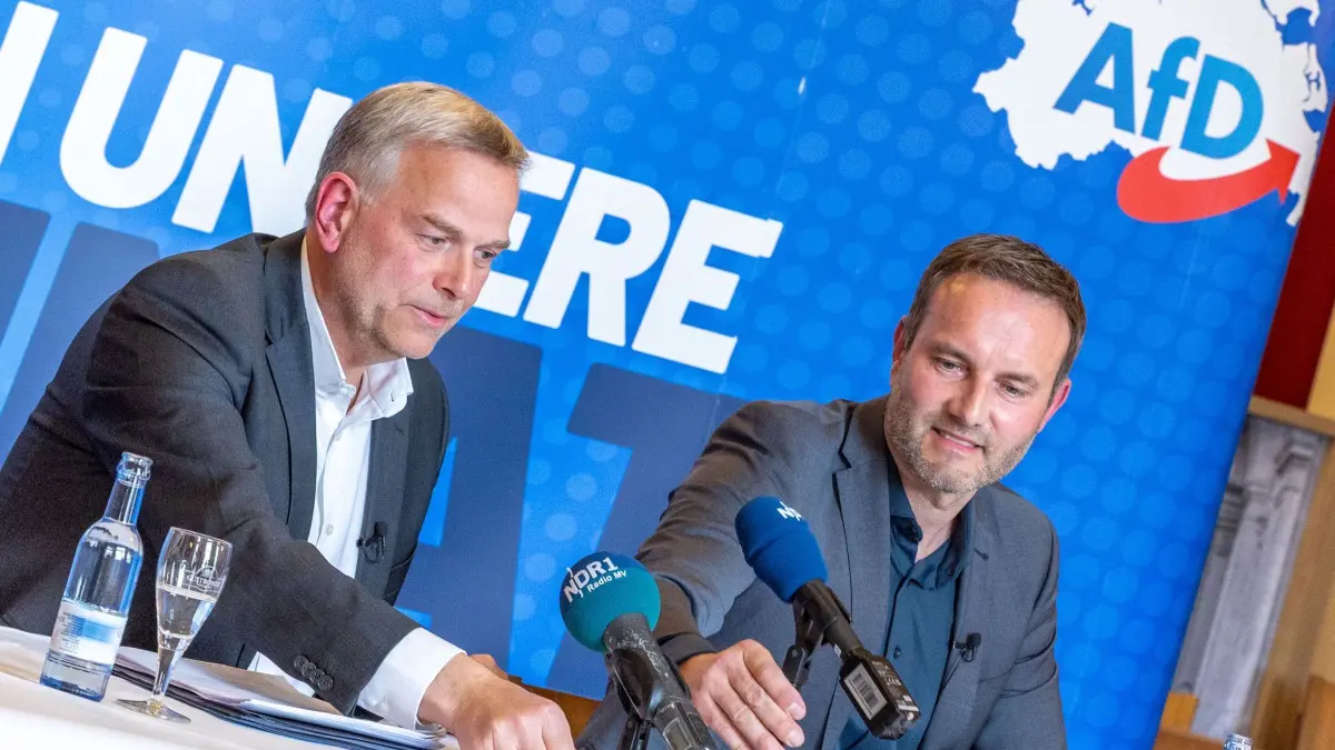 Pk zur Vorstellung des 100-Tage-Programms der AfD Mecklenburg...: 13.04.2026, Mecklenburg-Vorpommern, Schwerin: Leif-Erik Holm (l) und Enrico Schult (r), die Landesvorsitzenden der AfD in Mecklenburg-Vorpommern, sortieren bei einer Pressekonferenz zum 100-Tage-Programm der AfD Mecklenburg-Vorpommern nach einem möglichen Gewinn bei der Landtagswahl im September die Mikrofone der Medienvertreter. Die AfD-Politiker informieren über geplante Verbote und Änderungen in der Bildungs-, Medien- und Innenpolitik nach einer möglichen Regierungsübernahme. Foto: Jens Büttner/dpa +++ dpa-Bildfunk +++